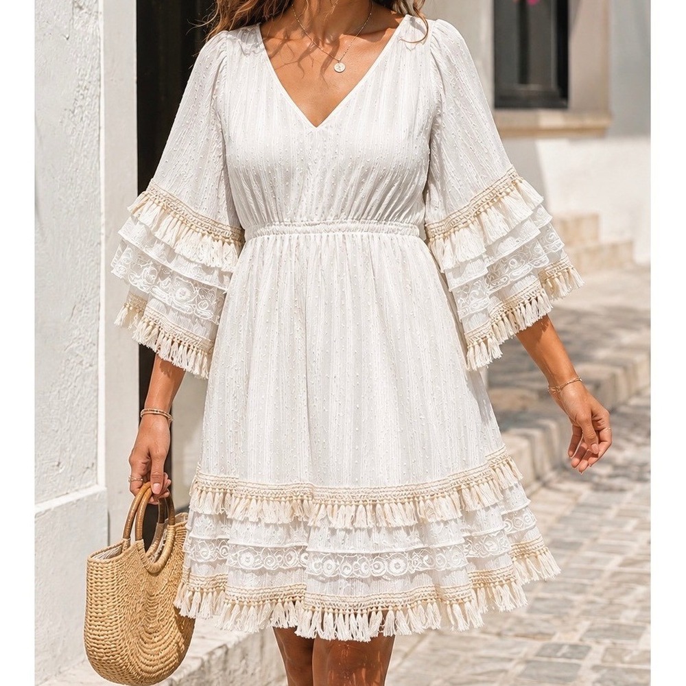 Zury White Boho Tassel Lace Ruffle Dress Gold Stripe Viscose Free Size